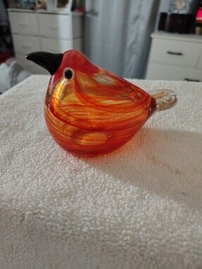 Handblown Glass Bird Figurine in Rich Orange